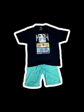 Demon Slayer Anime Graphic Tee with Aqua Shorts